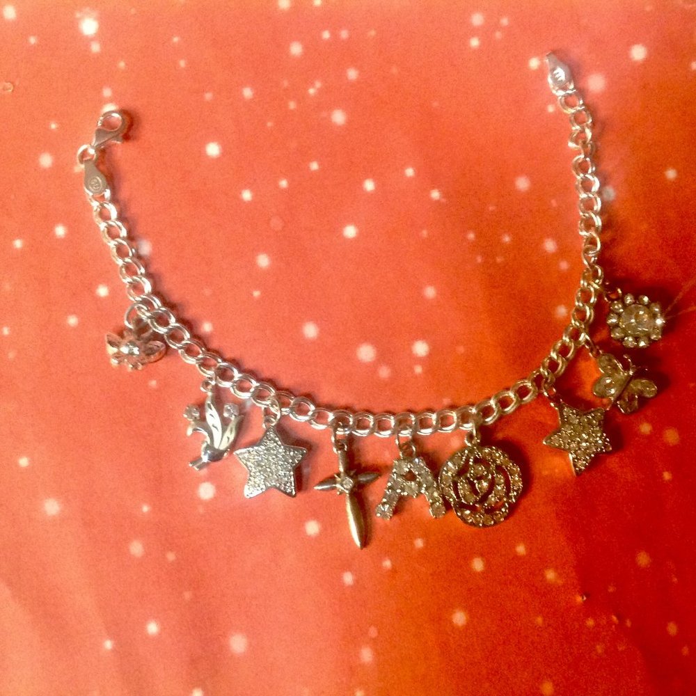 Vintage Hand-made Initial "A" Rhinestone Charm Bracelet 925 Silver Chain